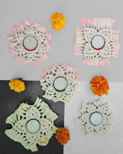 Macrame Tealight Candle Holders (Colour - Off White) - Set of 5