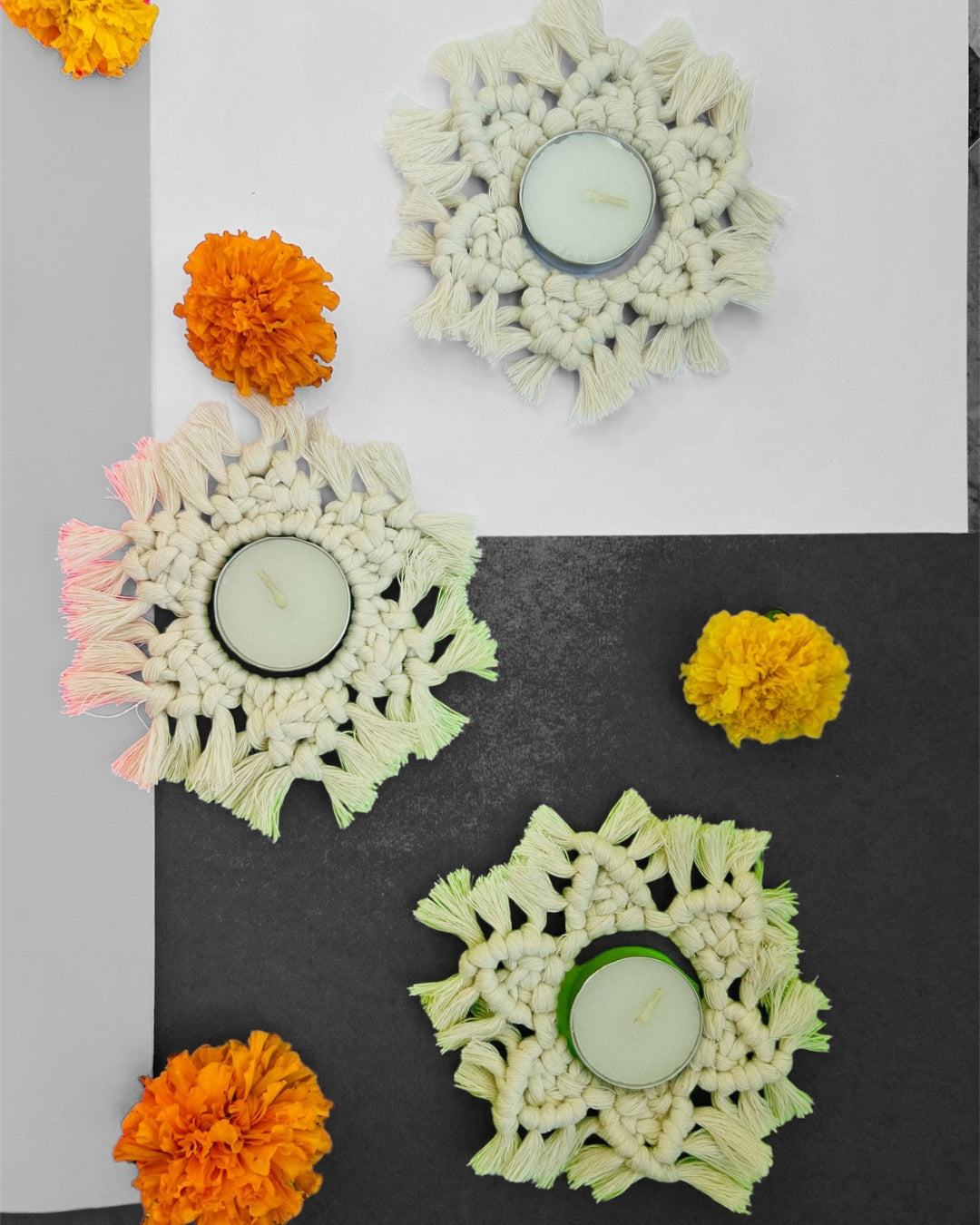 Macrame Tealight Candle Holders (Colour - Off White) - Set of 5