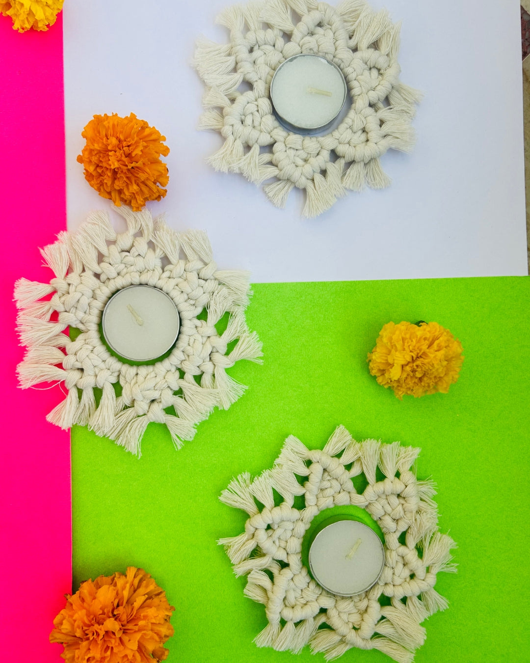 Macrame Tealight Candle Holders (Colour - Off White) - Set of 5