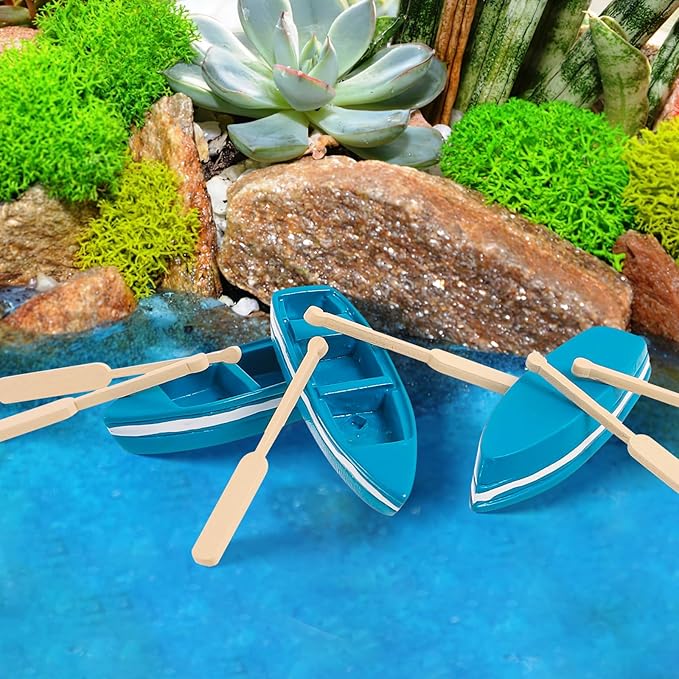 Rowboat Mini Blue Wood Boat with 2 Oars (Set of 2)