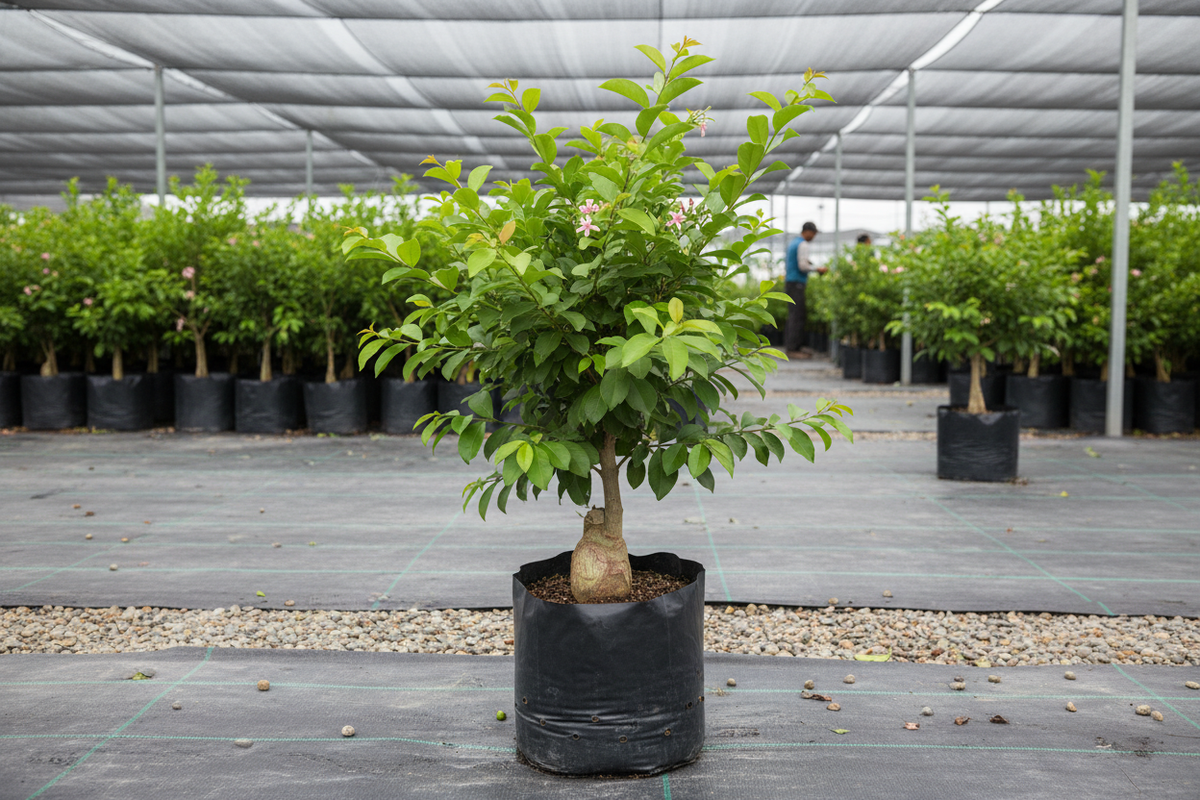 Barbados Cherry grafted tree. height 2 ft.. in poly bag.. in nursery set up...grafted tree.. 1600x1600 pixels.. image in square