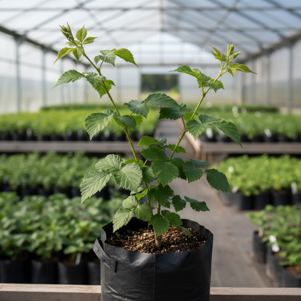 Black berry plant. in a polybag.. in a nursery set up. with 4-5 branches. height about 1 ft. dimension 1080x1080