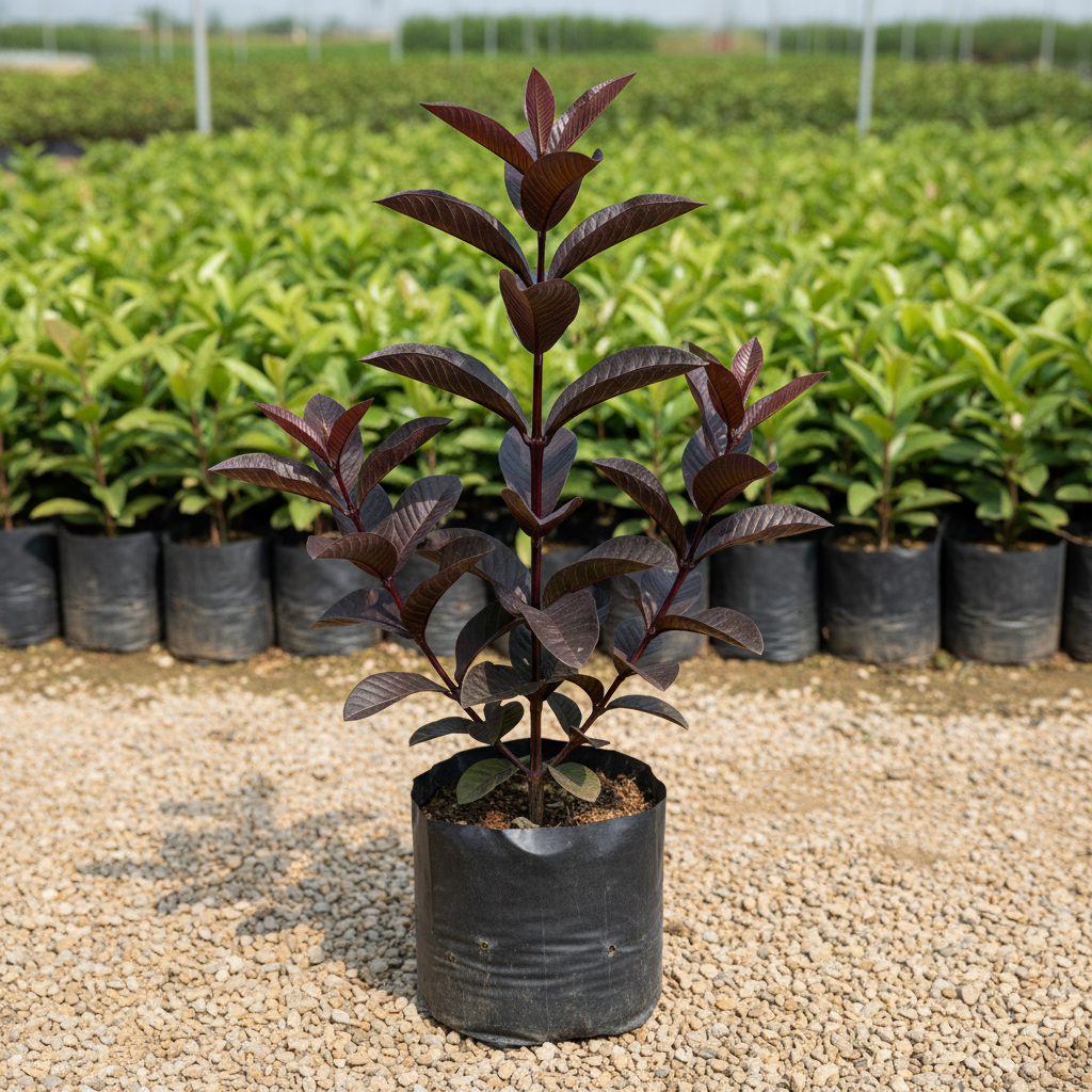 Black Diamond Guava plant. in a polybag.. This plant has dark reddish blackish leaves and stem ..in a nursery set up. with 4-5 branches. height about 1 ft. dimension 1080x1080
