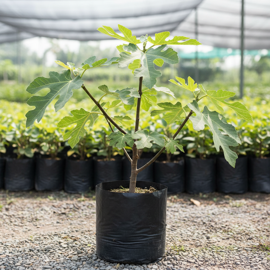Five Finger Fig/anjeer plant. in a polybag.. in a nursery set up. with 4-5 branches. height about 1.5 ft. dimension 1080x1080
