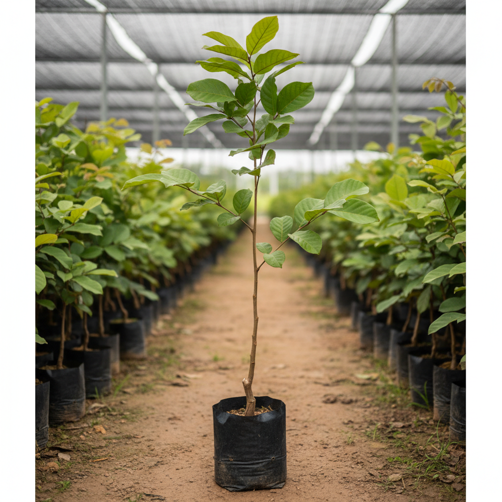 Generate an image of Red Rambutan plant. In a black poly bag. In a nursery set up. Height 3-4 ft. 2-3 branches in the plant. Dimension 1080x1080. No fruit. plant should look taller with visible grafting on the stem