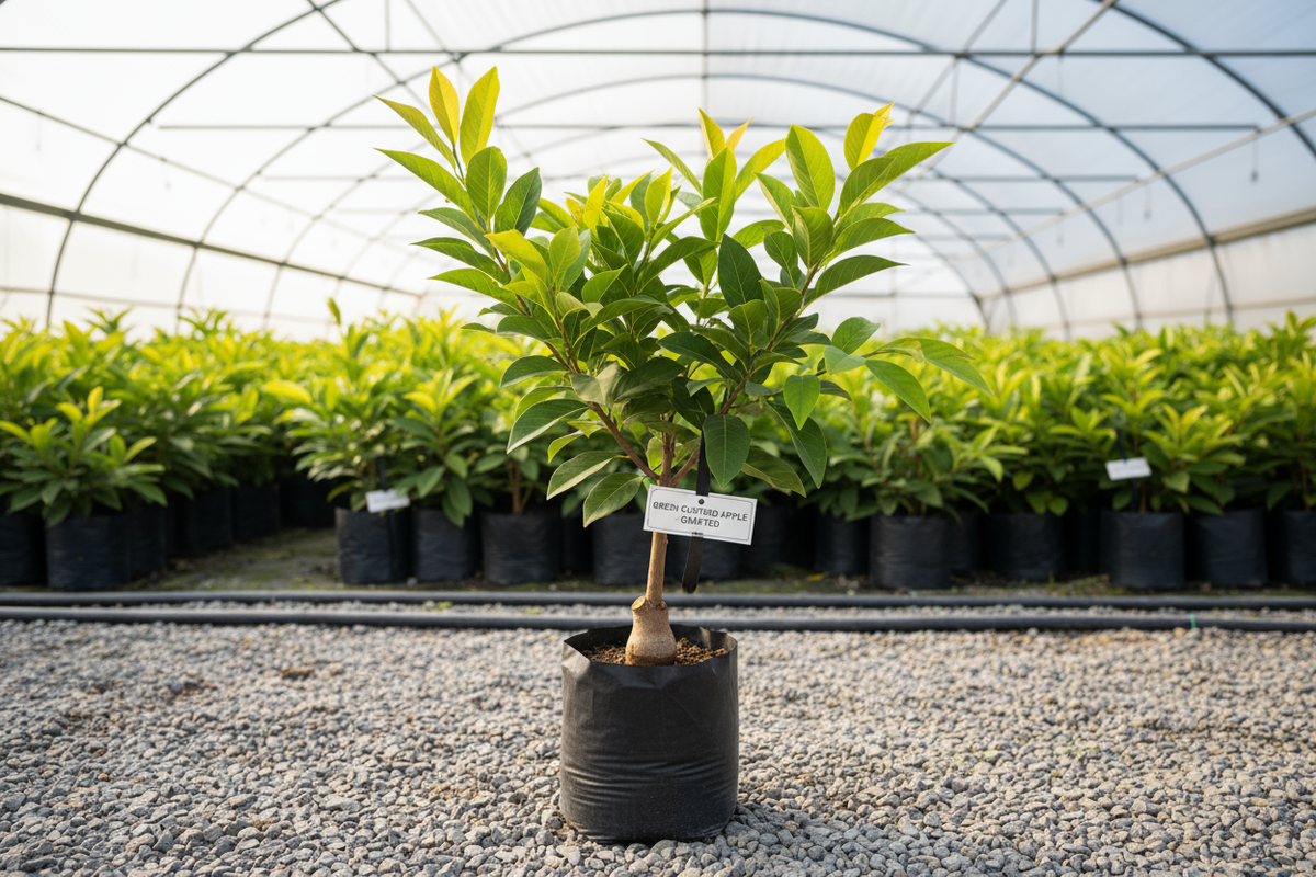Green Custard apple height 2 ft.. in poly bag.. in nursery set up...grafted tree.. 1600x1600 pixels.. image in square