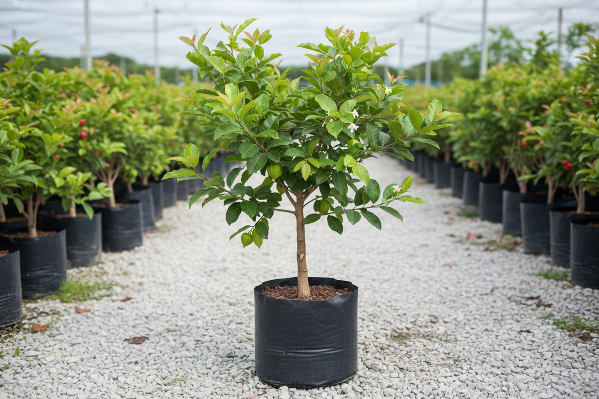 Red Surinam Cherry grafted tree. height 2 ft.. in poly bag.. in nursery set up...grafted tree.. 1600x1600 pixels.. image in square