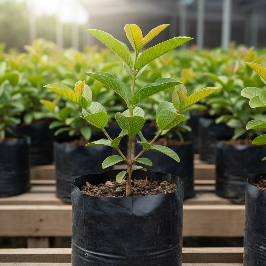 Red Thai king guava plant.. in a poly bag.. 4-5 branches in the plant. without fruit.. nursery set up. Dimension 1080x1080