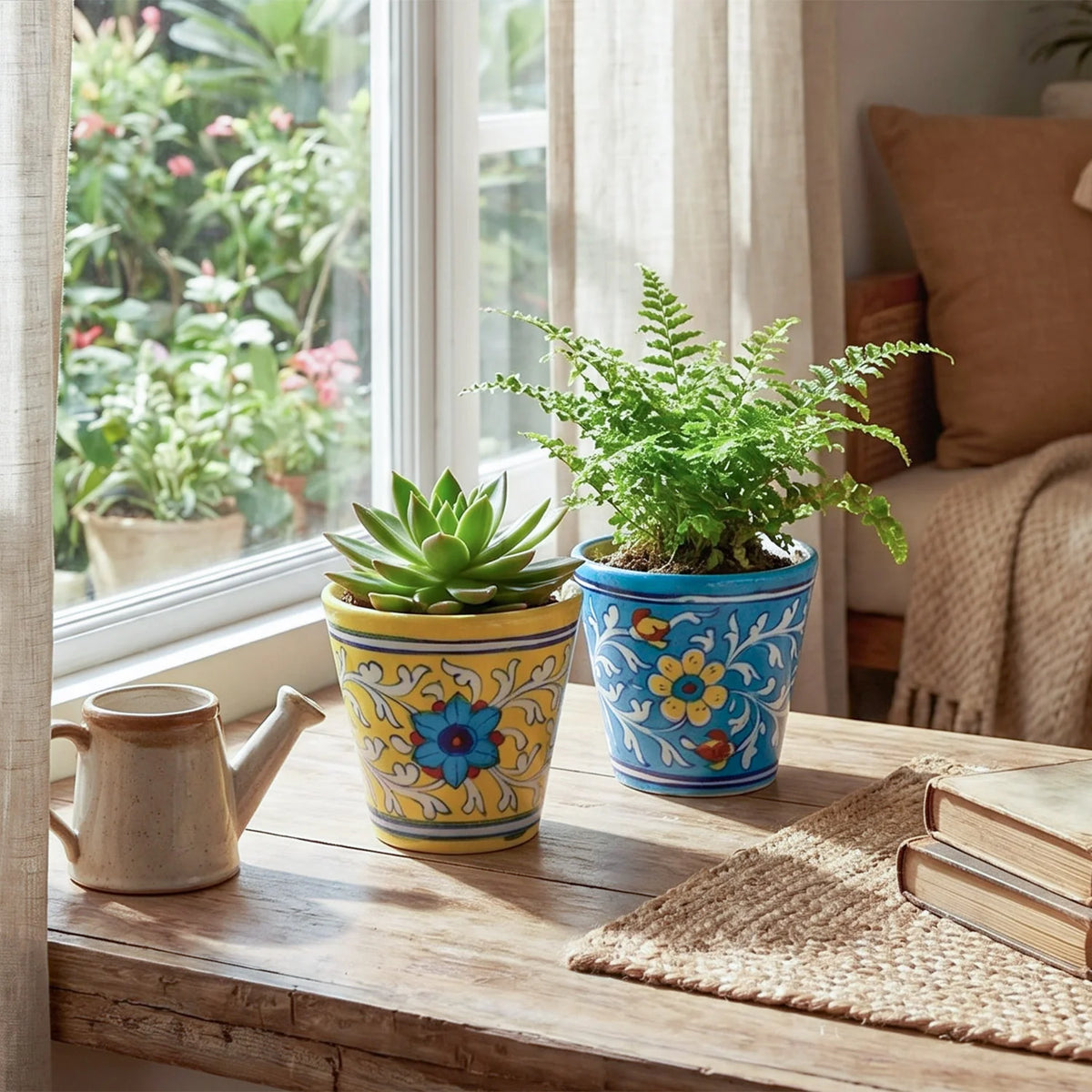 Set of 2 Conical Ceramic Planters Yellow & Light Blue