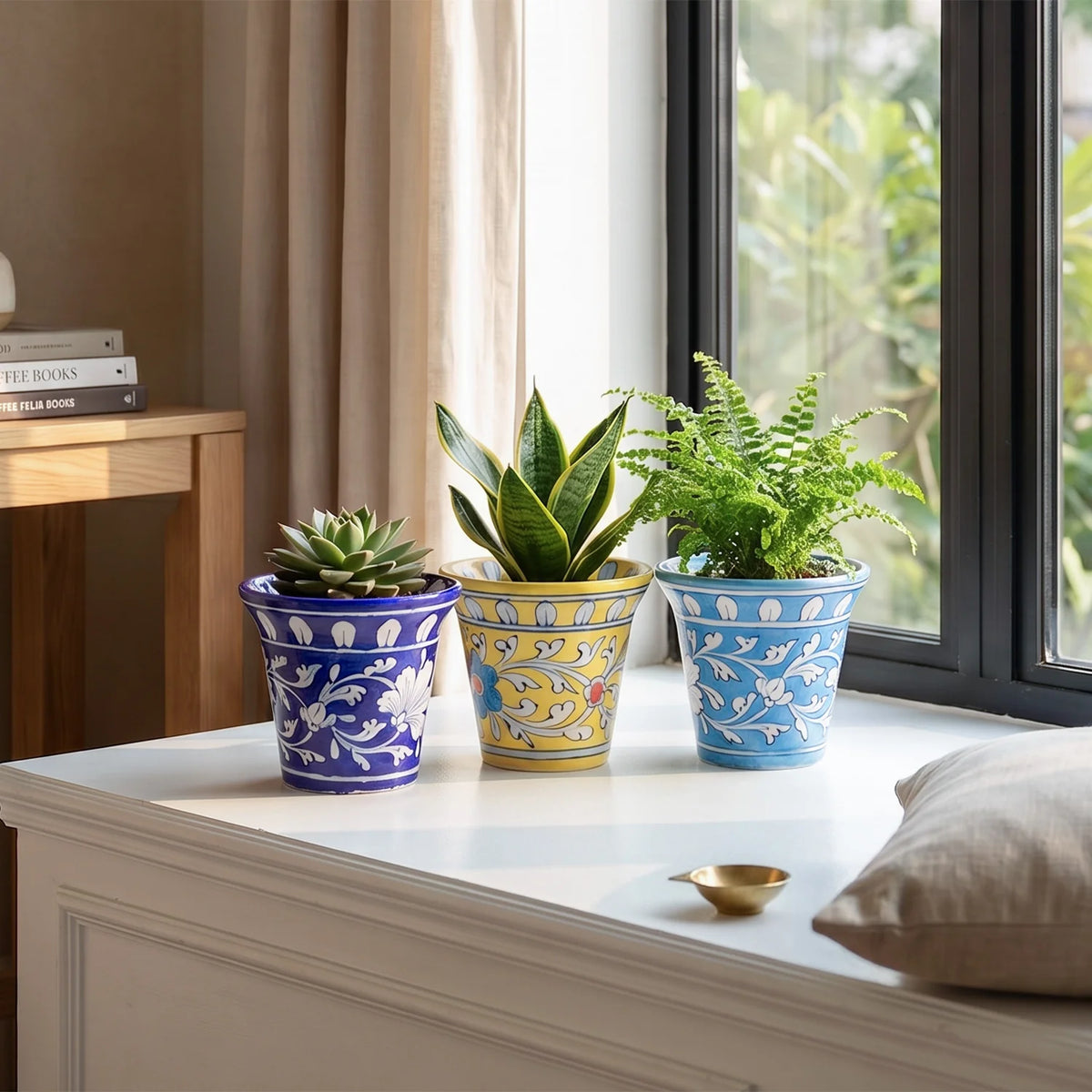 Set of 3 Assorted Blue Pottery Planters (Yellow, Indigo & Light Blue, 4.5x3.75 Inches)