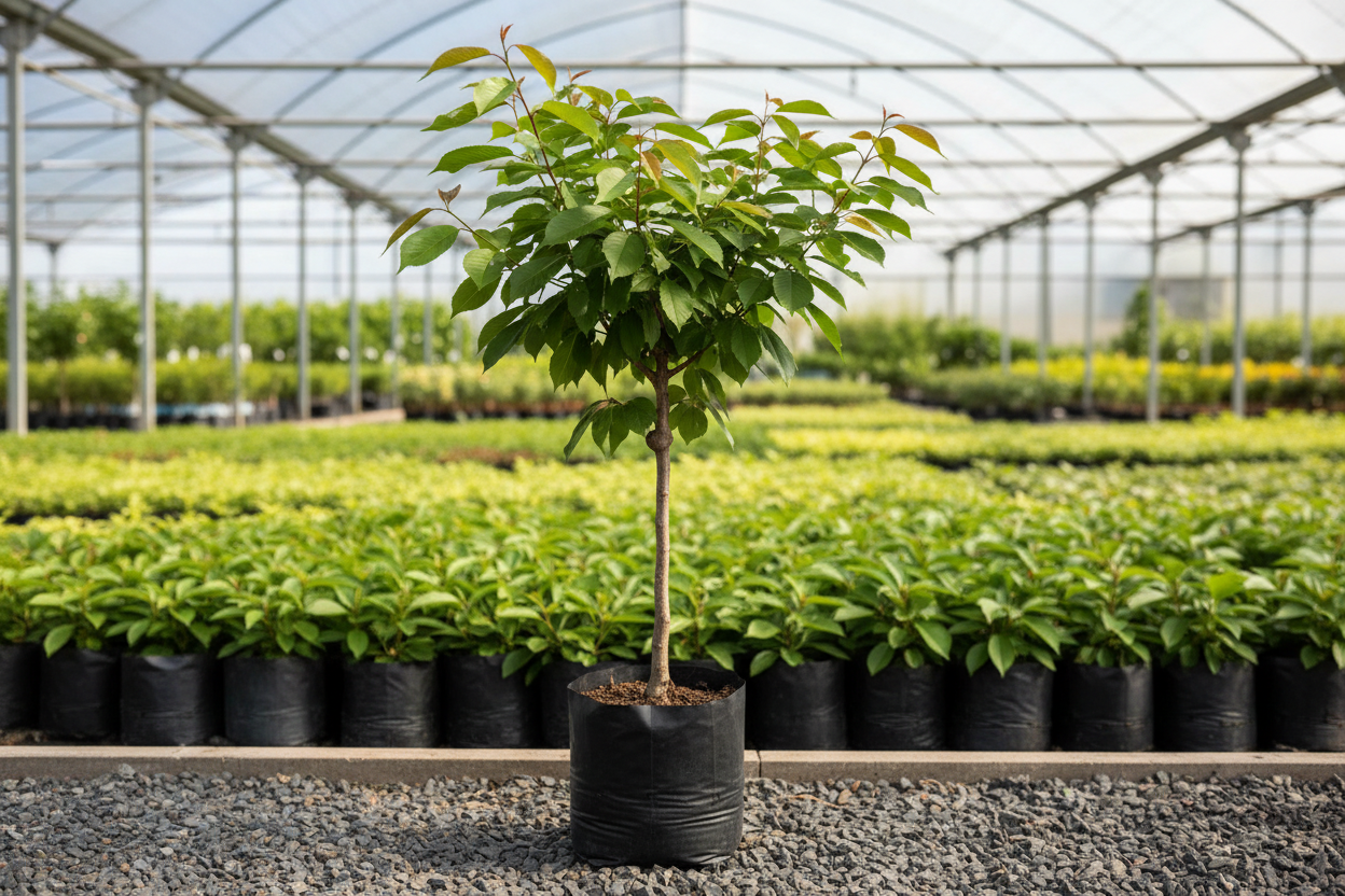 tennis ball cherry grafted tree. height 2 ft.. in poly bag.. in nursery set up...grafted tree.. 1600x1600 pixels.. image in square