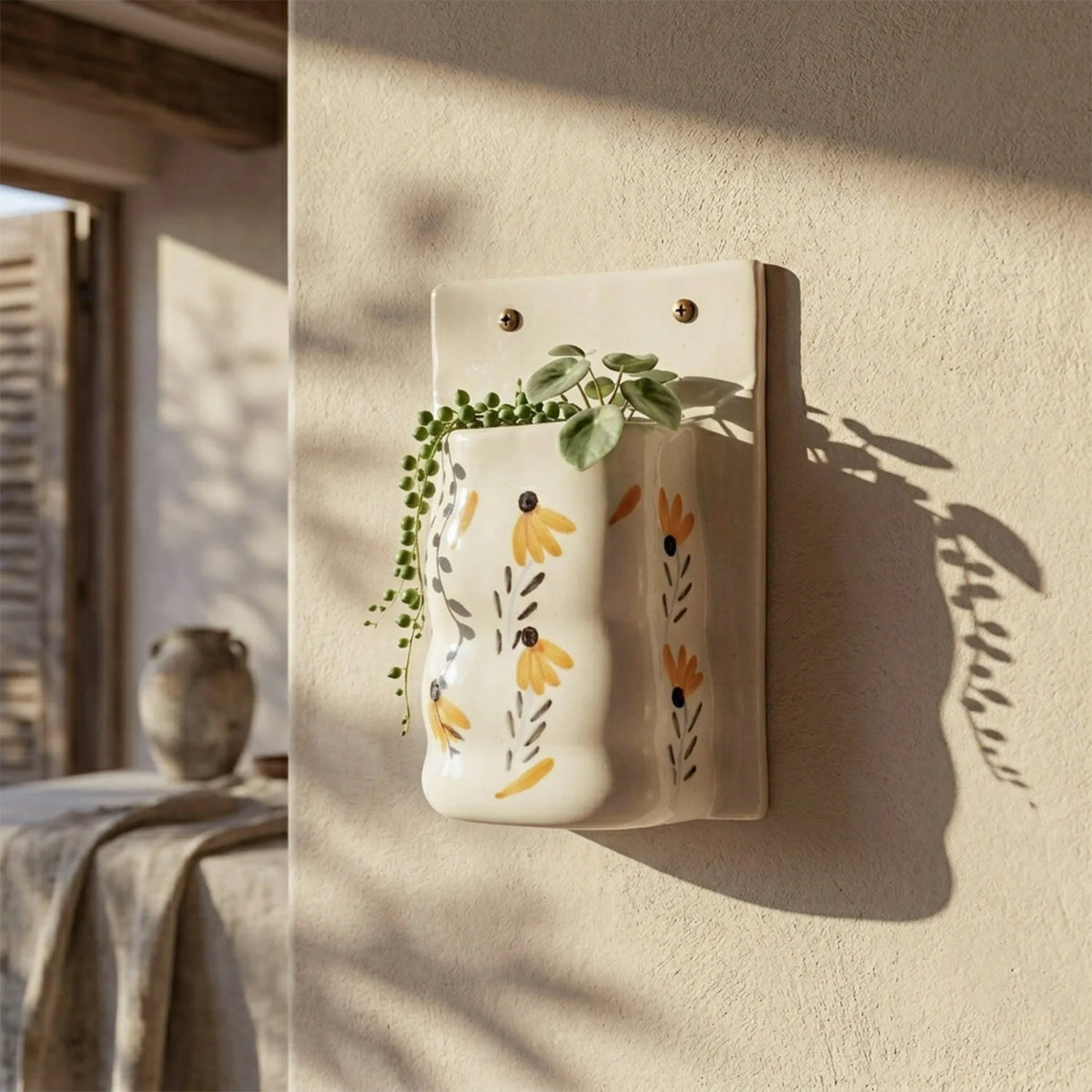 Yellow Floral Ceramic Wall Planter - Set of 2